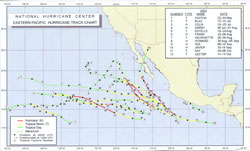 Figure 1. Tracks of 2004 Eastern
North Pacific tropical storms and hurricanes - Click to Enlarge