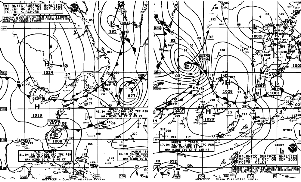 Figure 2 - OPC North Atlantic Surface Analysis
chart (Part 2 - west, and Part 1 - east)
