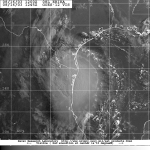 Figure 3 - GOES-12 visible image of
Hurricane Erika - click to enlarge