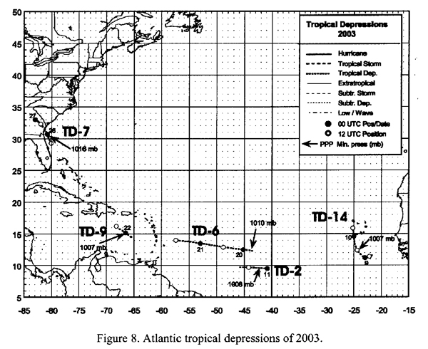 Figure 8 - Map of 2003 Atlantic tropical depressions.