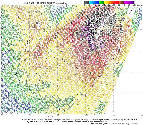 High resolution QuikSCAT scatterometer image of satellite-sensed winds