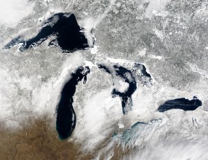 MODIS image of Great Lakes snow and ice cover - Click to 
Enlarge