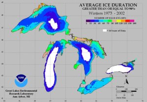 Map of average ice cover duration on Great Lakes for winters 1973-2002 - 
Click to Enlarge