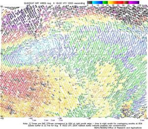 Figure 14.-High-resolution QuikSCAT 
scatterometer image of satellite-sensed winds valid at 0744 UTC - Click to Enlarge
