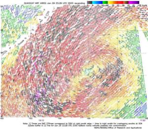 Figure 11.-High-resolution QuikSCAT 
scatterometer image of satellite-sensed winds around the storm - Click to Enlarge