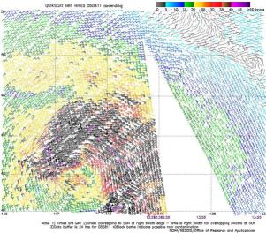Figure 13.-High-resolution QuikSCAT 
scatterometer image of satellite-sensed winds around the storm - Click to Enlarge