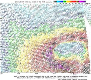 Figure 9.-High-resolution QuikSCAT scatterometer 
image of satellite-sensed winds around the storm - Click to Enlarge