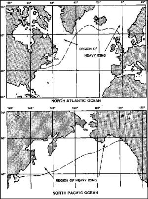 Figure 4. Map of regions in the North Atlantic (top) 
and North Pacific (bottom) where icing generally occurs - Click to Enlarge