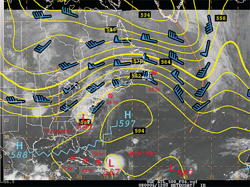 500 mb height, winds and satellite image