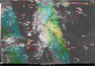 ASCAT pass, infrared satellite imagery from GOES-E