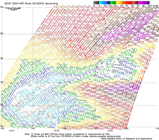 ASCAT (Advanced Scatterometer) image of satellite sensed winds around post-tropical Danielle